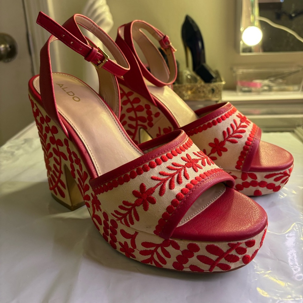 Aldo shoes | Red embroidered wedge platforms
